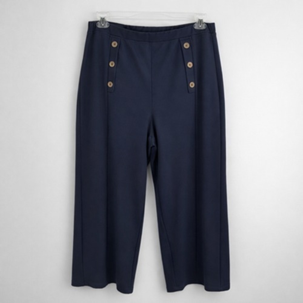 Saint + Sofia Pants Womens 14 Navy Ponte Wide Leg Cropped Sailor Button Pull‎ On